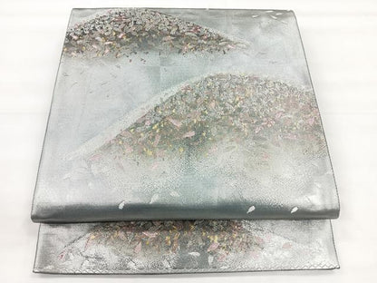 平和屋着物◎六通柄袋帯　遠山文　銀糸　正絹　逸品　CABG1419nb