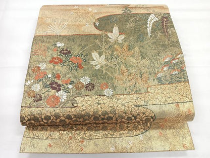 平和屋着物◎六通柄袋帯　雲霞彩花小袖絵文　金糸　正絹　逸品　CABG1428nb