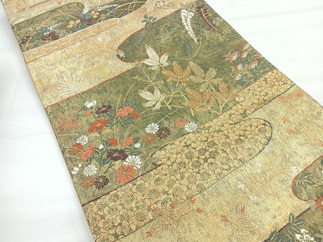 平和屋着物◎六通柄袋帯　雲霞彩花小袖絵文　金糸　正絹　逸品　CABG1428nb