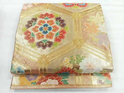 平和屋着物◎佐賀錦　六通柄袋帯　亀甲花文　金糸　正絹　逸品　CABG1430nb