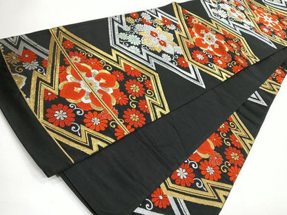 平和屋着物◎六通柄袋帯 唐織 松皮菱花文 黒地 金銀糸 正絹 逸品 CABG1435nb