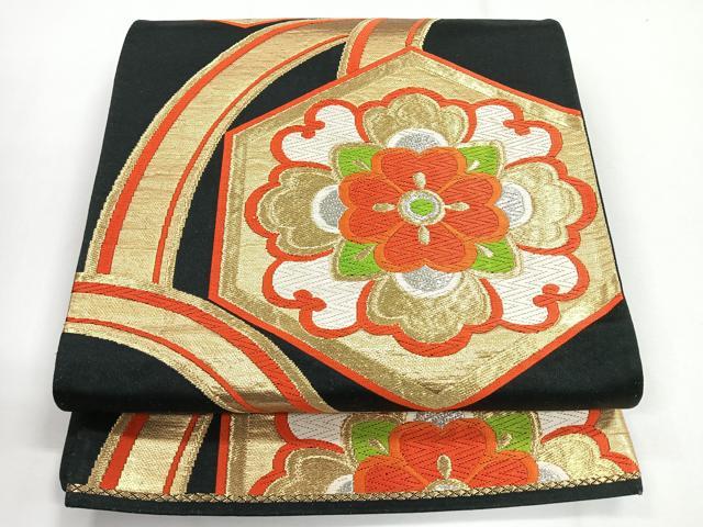 平和屋着物◎六通柄袋帯 唐織 亀甲花文 黒地 金銀糸 正絹 逸品 CABG1445nb