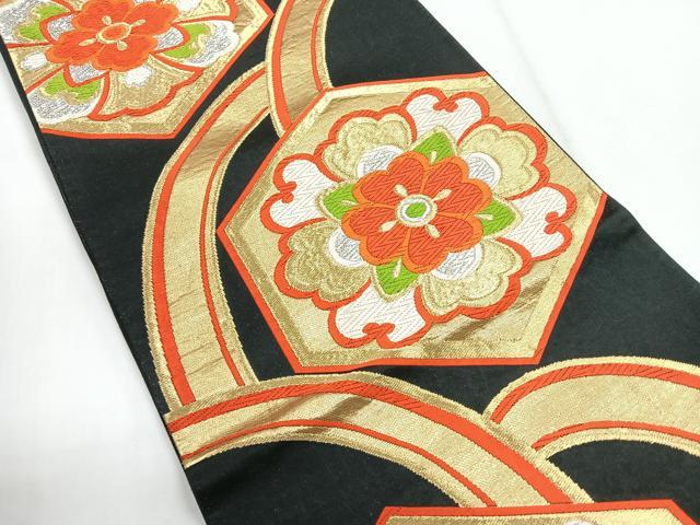 平和屋着物◎六通柄袋帯 唐織 亀甲花文 黒地 金銀糸 正絹 逸品 CABG1445nb