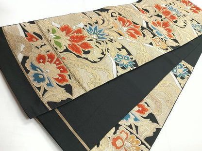 平和屋着物◎六通柄 本袋帯 更紗花文 黒地 金糸 正絹 逸品 CABG1452nb