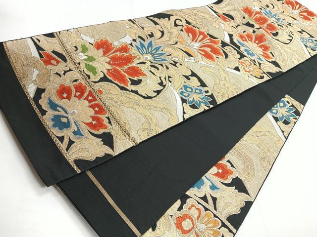 平和屋着物◎六通柄 本袋帯 更紗花文 黒地 金糸 正絹 逸品 CABG1452nb