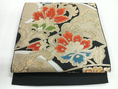 平和屋着物◎六通柄 本袋帯 更紗花文 黒地 金糸 正絹 逸品 CABG1452nb