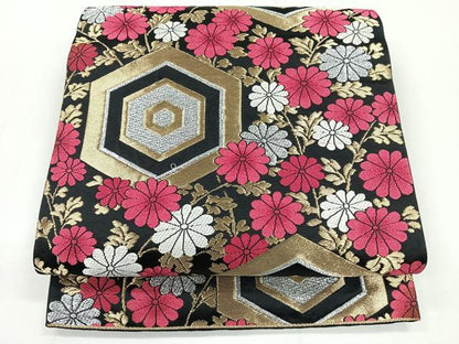 平和屋着物◎六通柄袋帯　亀甲花文　黒地　金銀糸　正絹　逸品　CABG1460nb