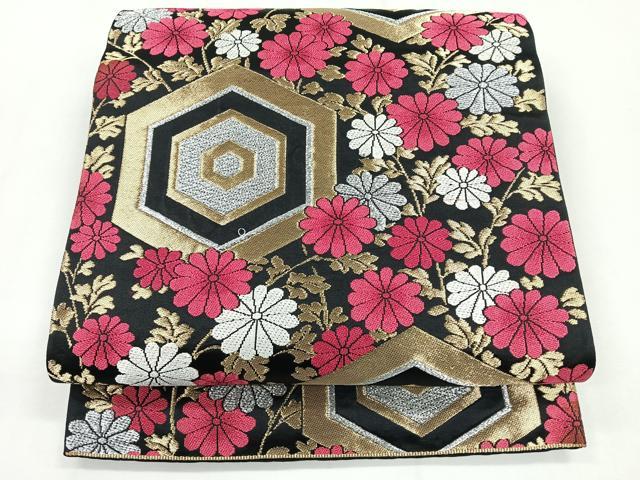平和屋着物◎六通柄袋帯　亀甲花文　黒地　金銀糸　正絹　逸品　CABG1460nb