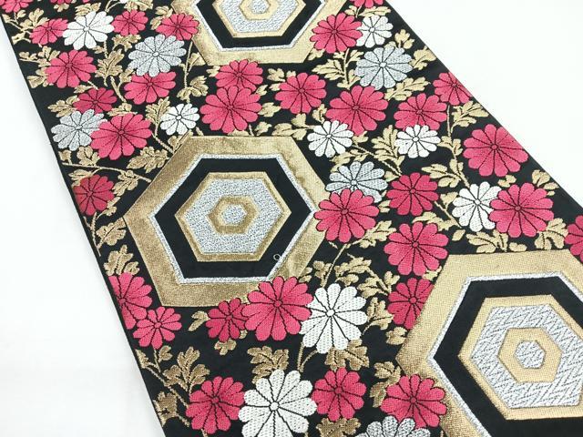 平和屋着物◎六通柄袋帯　亀甲花文　黒地　金銀糸　正絹　逸品　CABG1460nb
