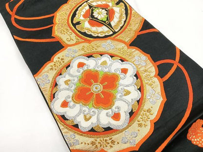 平和屋着物◎六通柄袋帯 鏡裏花蝶文 黒地 金銀糸 正絹 逸品 CABG1467nb
