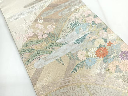 平和屋着物◎佐賀錦 六通柄袋帯 唐織 渡り橋流水草花文 金銀糸 正絹 逸品 CABG1475nb