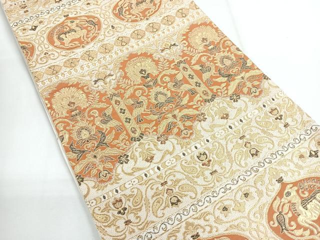 平和屋着物◎六通柄袋帯 向かい鳥動物更紗花文 金糸 正絹 逸品 CABG1481nb