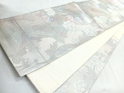 平和屋着物◎六通柄袋帯 鴛鴦流水花文 銀糸 正絹 逸品 CABG1485nb