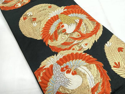 平和屋着物◎六通柄袋帯 鳳凰丸文 黒地 金銀糸 正絹 逸品 CABG1491nb