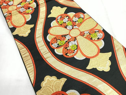 平和屋着物◎六通柄袋帯 立涌花唐草文 黒地 金銀糸 正絹 逸品 CABG1492nb