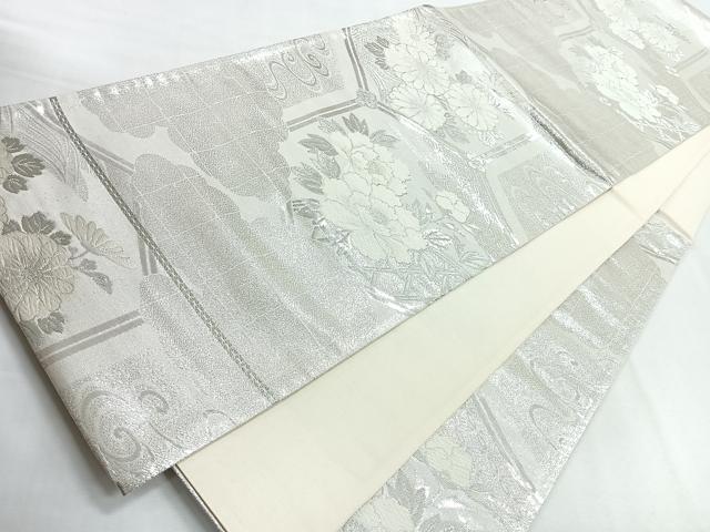 平和屋着物◎六通柄袋帯　亀甲草花文　銀糸　正絹　逸品　CABG1497nb