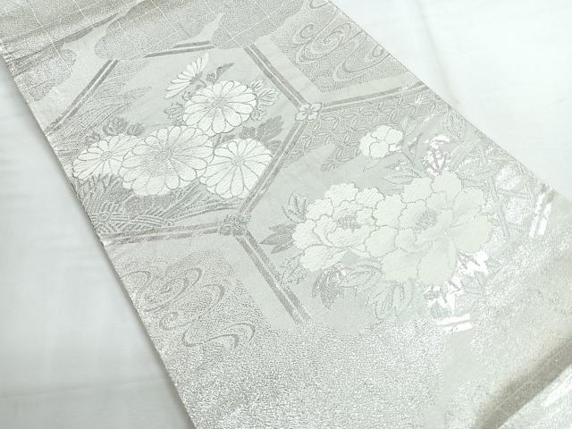 平和屋着物◎六通柄袋帯　亀甲草花文　銀糸　正絹　逸品　CABG1497nb