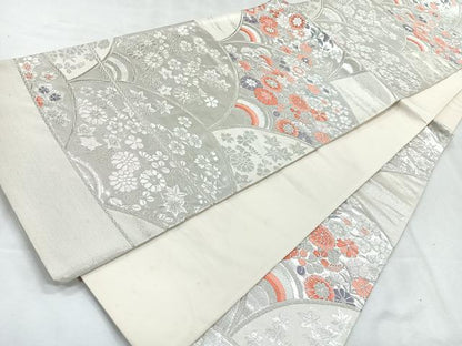 平和屋着物◎西陣　六通柄袋帯　唐織　扇面草花文　銀糸　正絹　逸品　CABG1498nb