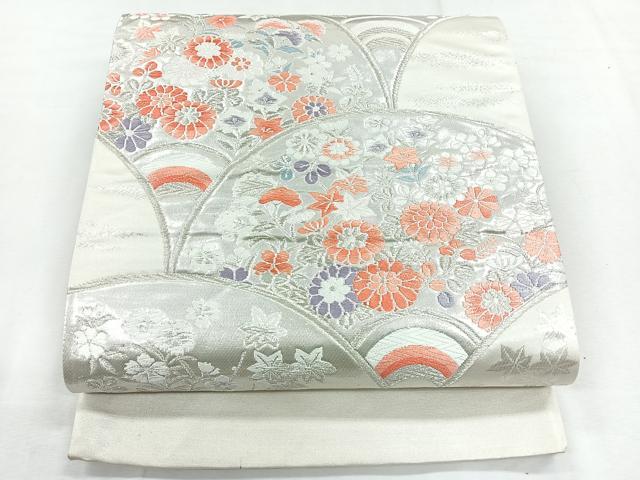 平和屋着物◎西陣　六通柄袋帯　唐織　扇面草花文　銀糸　正絹　逸品　CABG1498nb