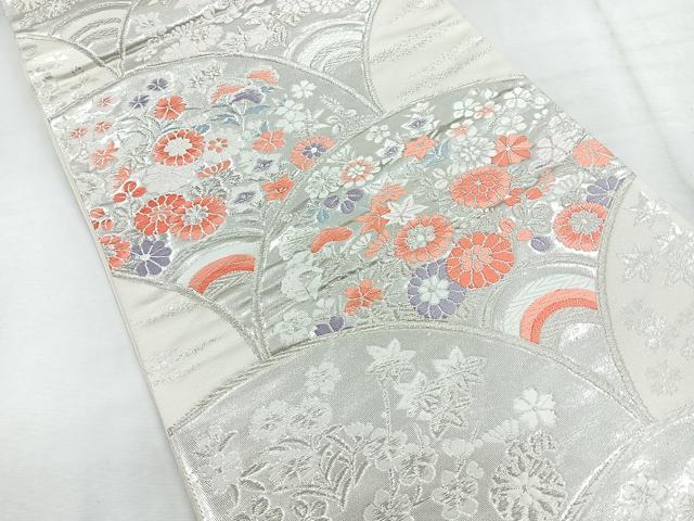 平和屋着物◎西陣　六通柄袋帯　唐織　扇面草花文　銀糸　正絹　逸品　CABG1498nb
