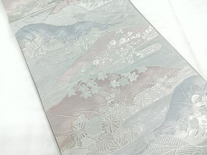 平和屋着物◎六通柄袋帯　流水草花文　銀糸　正絹　逸品　CABG1499nb