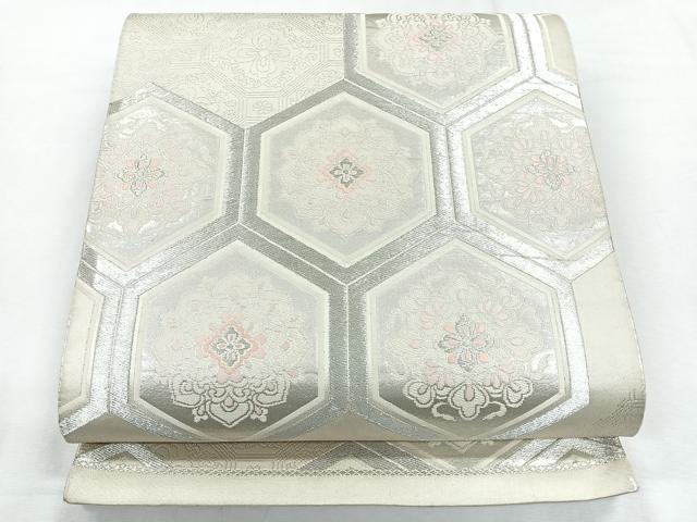 平和屋着物◎六通柄袋帯　亀甲花文　銀糸　正絹　逸品　CABG1501nb