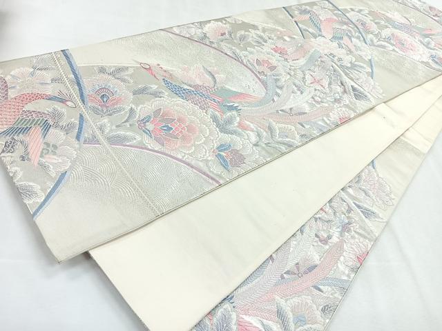 平和屋着物◎六通柄袋帯　孔雀更紗花文　銀糸　正絹　逸品　CABG1503nb