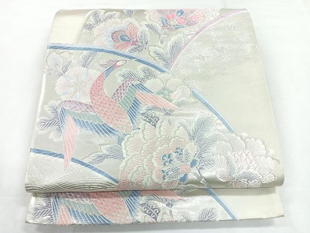 平和屋着物◎六通柄袋帯　孔雀更紗花文　銀糸　正絹　逸品　CABG1503nb