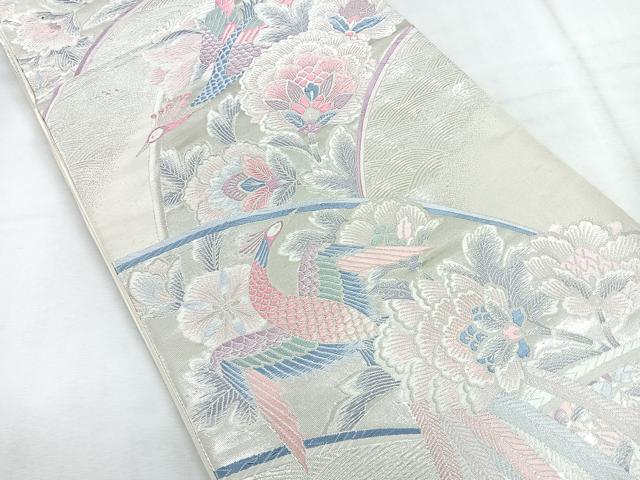 平和屋着物◎六通柄袋帯　孔雀更紗花文　銀糸　正絹　逸品　CABG1503nb