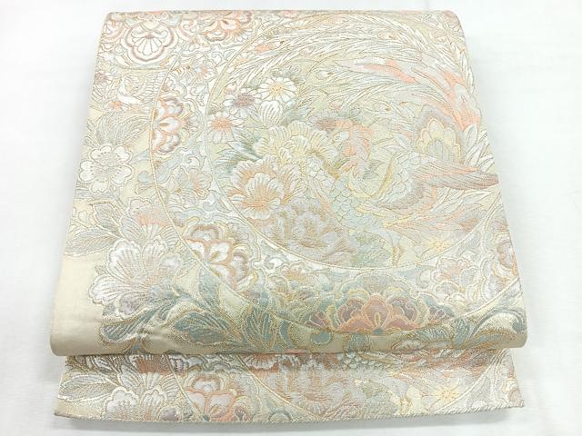 平和屋着物◎六通柄袋帯　鳳凰草花丸文　銀糸　正絹　逸品　CABG1508nb