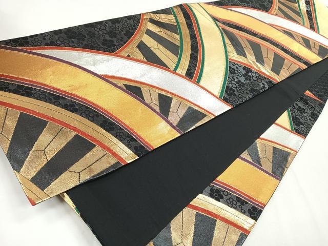 平和屋着物◎六通柄袋帯　幾何学花文　黒地　金銀糸　正絹　逸品　CABG1509nb