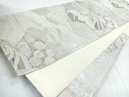 平和屋着物◎六通柄袋帯　扇面舞花文　プラチナ箔　正絹　逸品　CABG1513nb