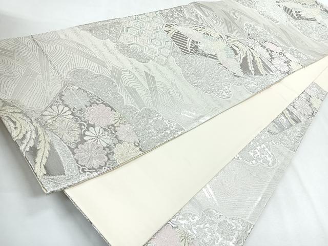 平和屋着物◎六通柄袋帯　扇面舞花文　プラチナ箔　正絹　逸品　CABG1513nb