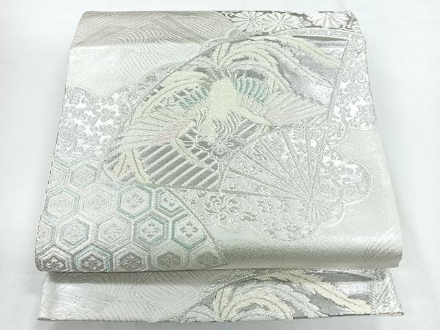 平和屋着物◎六通柄袋帯　扇面舞花文　プラチナ箔　正絹　逸品　CABG1513nb