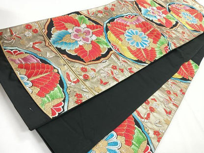 平和屋着物◎六通柄袋帯　鳳凰草花文　黒地　金糸　正絹　逸品　CABG1515nb