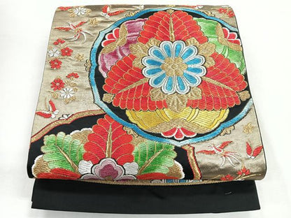 平和屋着物◎六通柄袋帯　鳳凰草花文　黒地　金糸　正絹　逸品　CABG1515nb