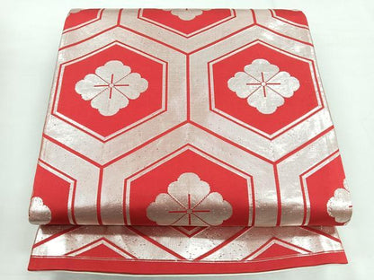 平和屋着物◎両面　六通柄袋帯　束ね熨斗亀甲花文　銀糸　正絹　逸品　CABG1517nb