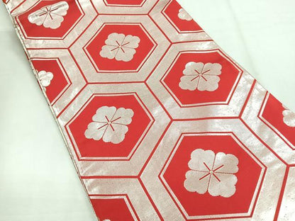 平和屋着物◎両面　六通柄袋帯　束ね熨斗亀甲花文　銀糸　正絹　逸品　CABG1517nb