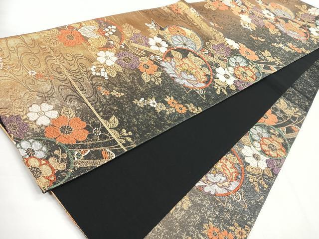 平和屋着物◎六通柄袋帯 流水草花丸文 黒地 金銀糸 正絹 逸品 CABG1526nb