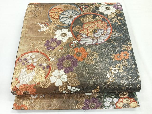 平和屋着物◎六通柄袋帯 流水草花丸文 黒地 金銀糸 正絹 逸品 CABG1526nb