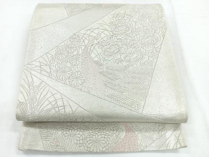 平和屋着物◎六通柄袋帯 切嵌孔雀花文 銀糸 正絹 逸品 CABG1531nb