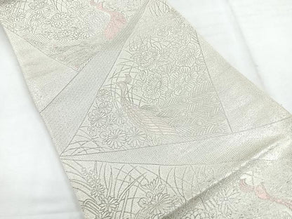 平和屋着物◎六通柄袋帯 切嵌孔雀花文 銀糸 正絹 逸品 CABG1531nb