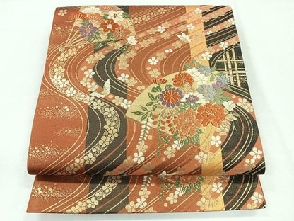 平和屋着物◎六通柄袋帯 扇面花蝶文 金糸 正絹 逸品 CABG1534nb