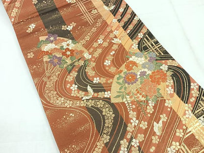 平和屋着物◎六通柄袋帯 扇面花蝶文 金糸 正絹 逸品 CABG1534nb