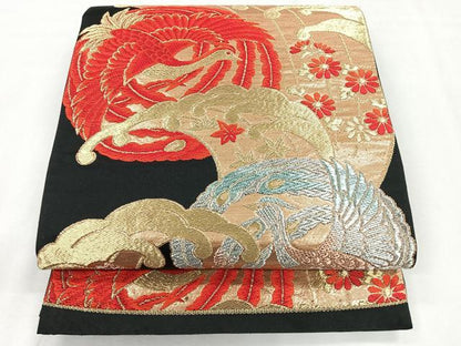 平和屋着物◎六通柄袋帯　鳳凰草花文　黒地　金銀糸　正絹　逸品　CABG1552nb