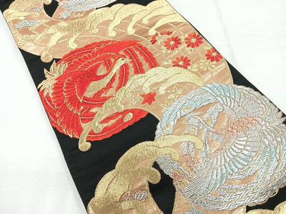 平和屋着物◎六通柄袋帯　鳳凰草花文　黒地　金銀糸　正絹　逸品　CABG1552nb