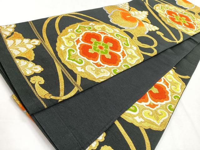 平和屋着物◎六通柄袋帯 唐織 鏡裏花文 黒地 金銀糸 正絹 逸品 CABG1588nb