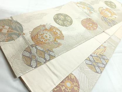 平和屋着物◎六通柄袋帯　流水向かい鳥花丸文　金銀糸　正絹　逸品　CABG1596nb