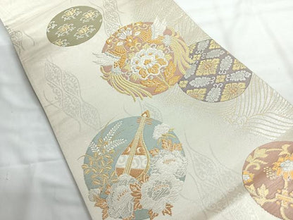 平和屋着物◎六通柄袋帯　流水向かい鳥花丸文　金銀糸　正絹　逸品　CABG1596nb