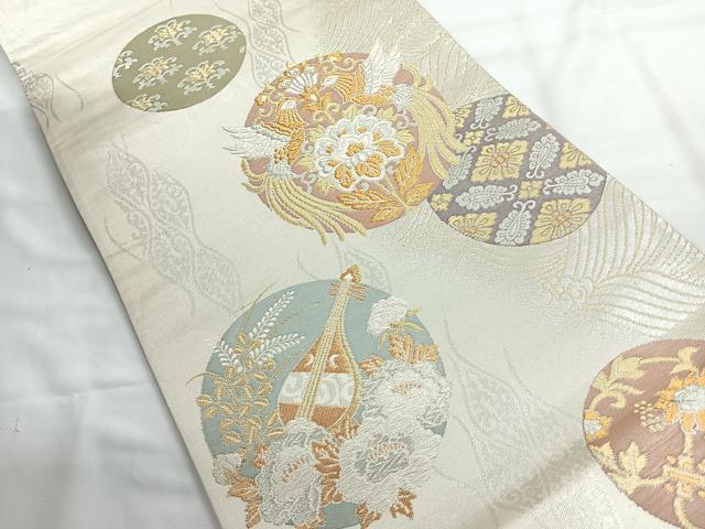 平和屋着物◎六通柄袋帯　流水向かい鳥花丸文　金銀糸　正絹　逸品　CABG1596nb